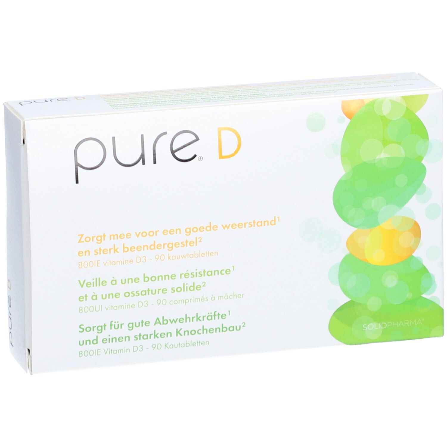 Scatola bianca con logo pure. D e forme verdi. Testo in tedesco, francese e olandese.