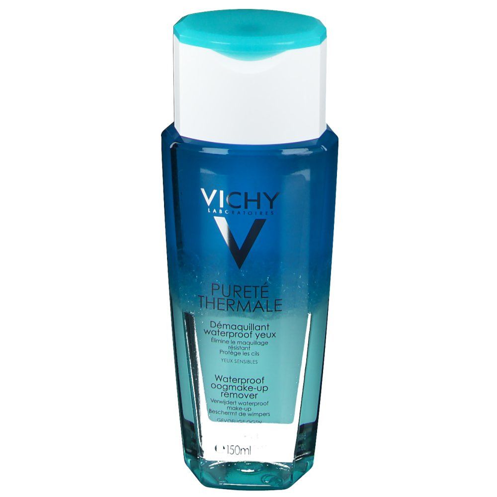 Flacone blu trasparente con tappo bianco. Scritta: VICHY, Pureté Thermale, struccante occhi waterproof.