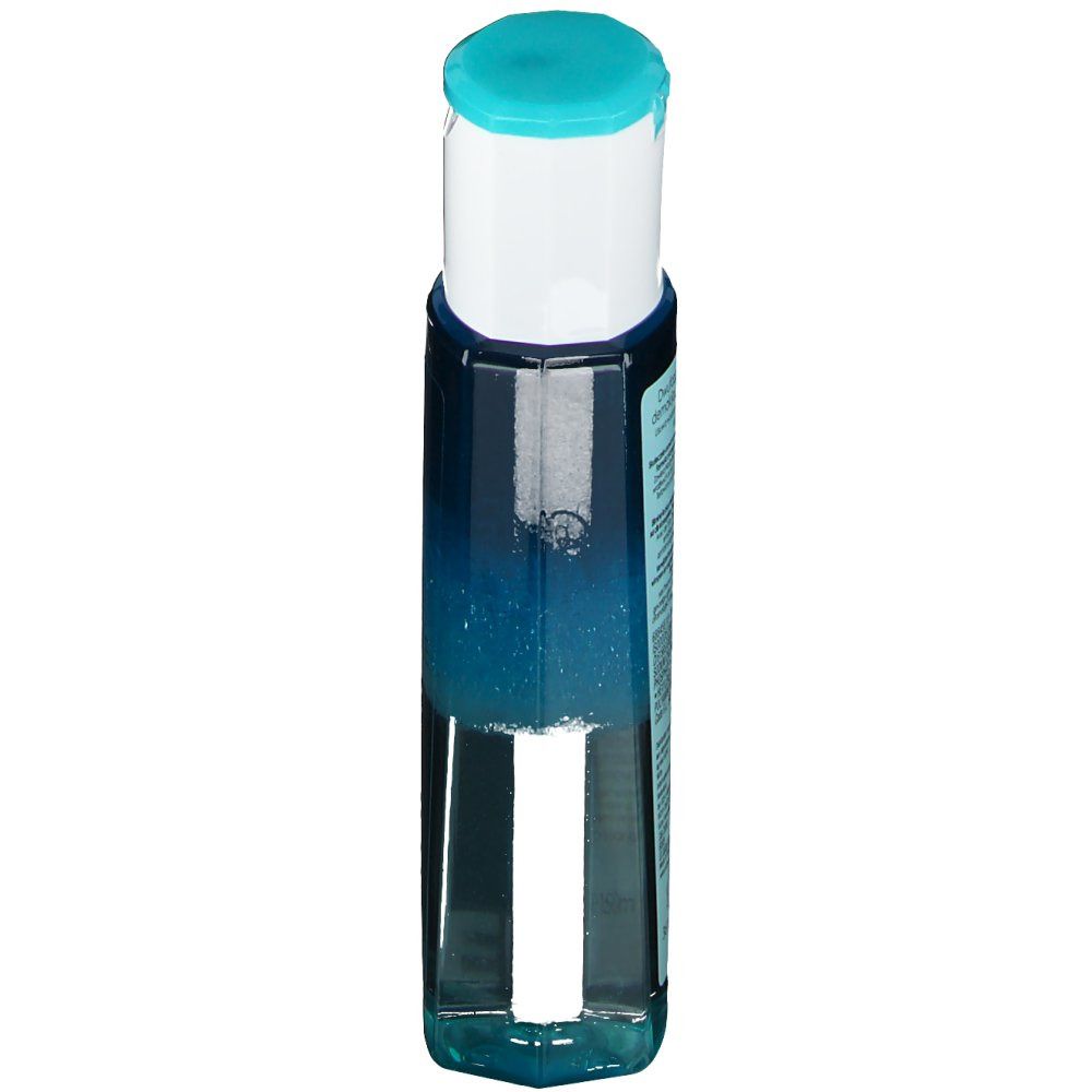 Flacone con liquido blu trasparente. Tappo bianco con chiusura turchese. Etichetta con testo.