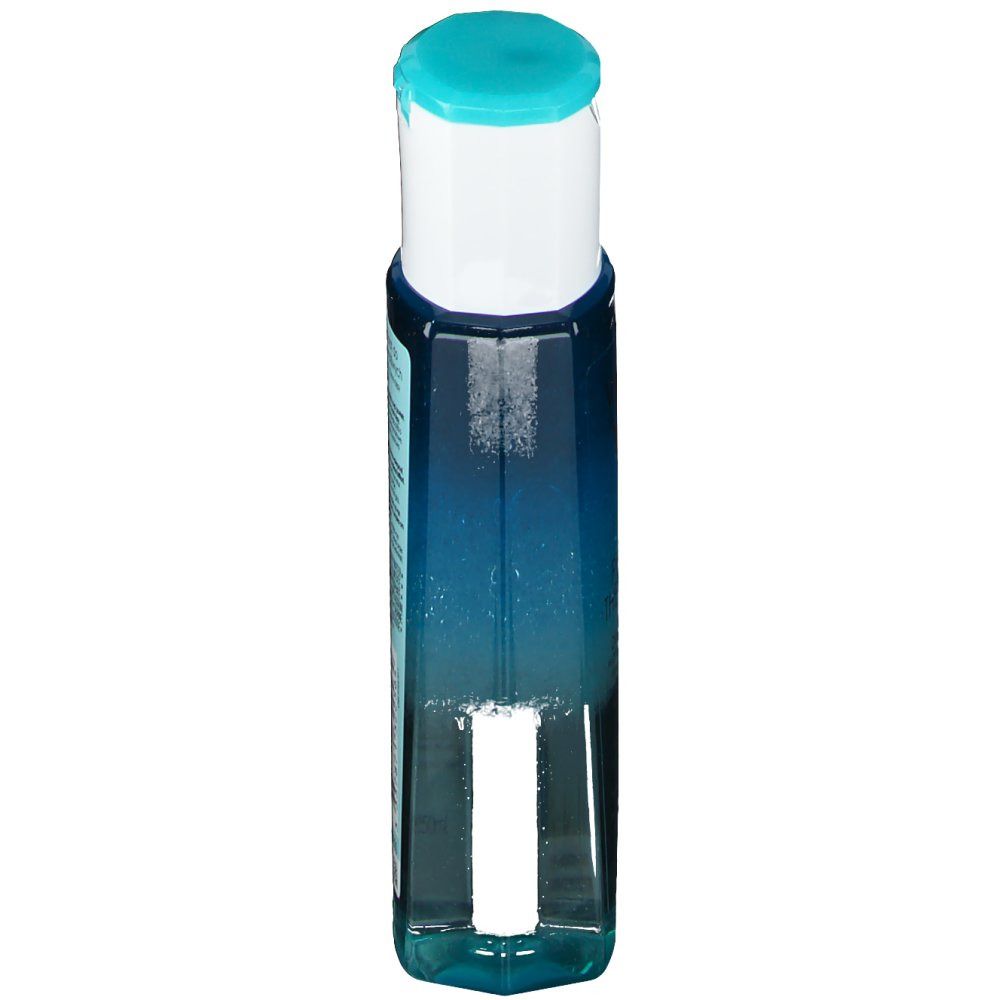 Flacone con liquido blu trasparente. Tappo bianco con chiusura turchese. Etichetta con testo.