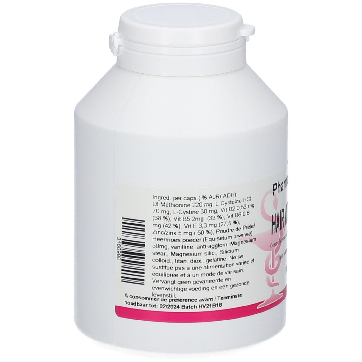 Flacone bianco con tappo a vite. Etichetta rosa con ingredienti e data di scadenza. Codice a barre sul lato.