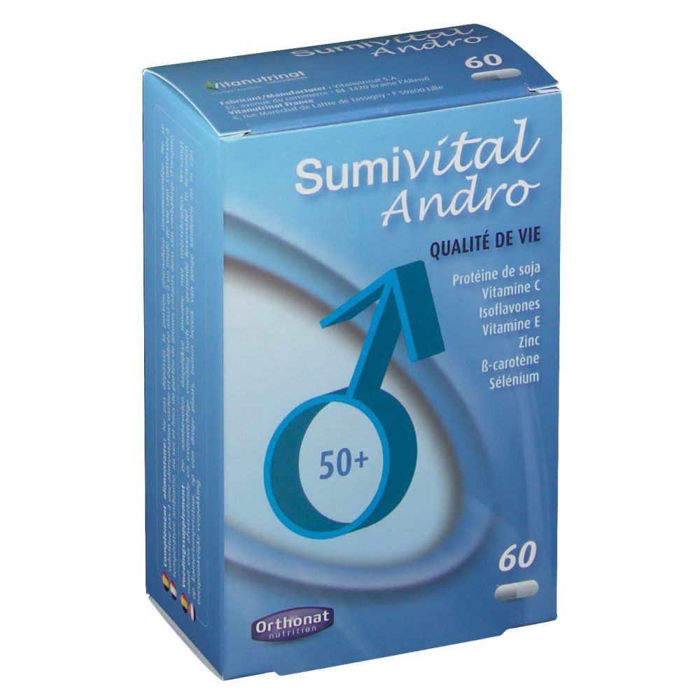 Scatola blu e bianca Sumivital Andro, 60 capsule. Contiene proteine della soia, vitamina C, isoflavoni, vitamina E, zinco, beta-carotene, selenio. Simbolo maschile.