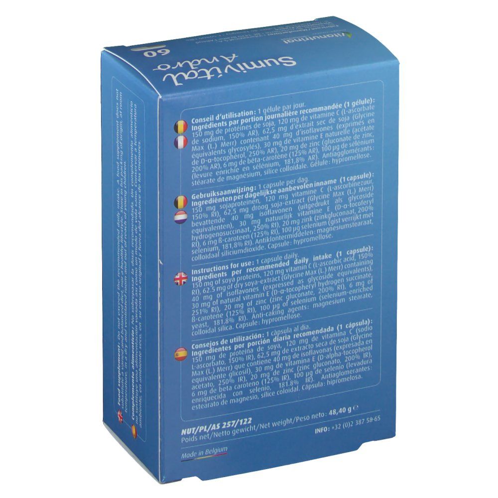Scatola blu Sumivital Andro, 60 capsule. Retro con informazioni nutrizionali e istruzioni in più lingue. Peso netto 48,40 g.