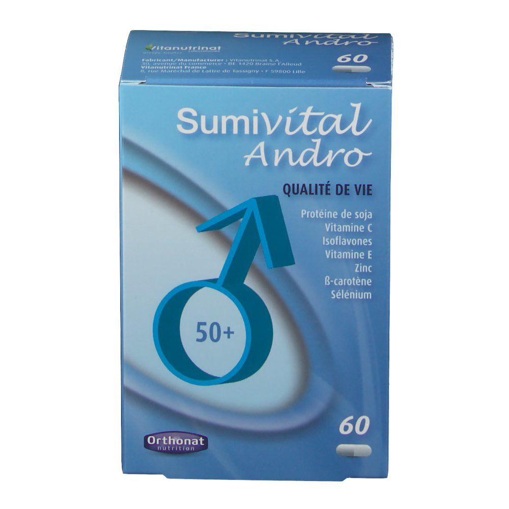 Scatola blu Sumivital Andro, 60 capsule. Logo, nome del prodotto e ingredienti: proteine della soia, vitamina C, isoflavoni, vitamina E, zinco, beta-carotene, selenio. Simbolo maschile.