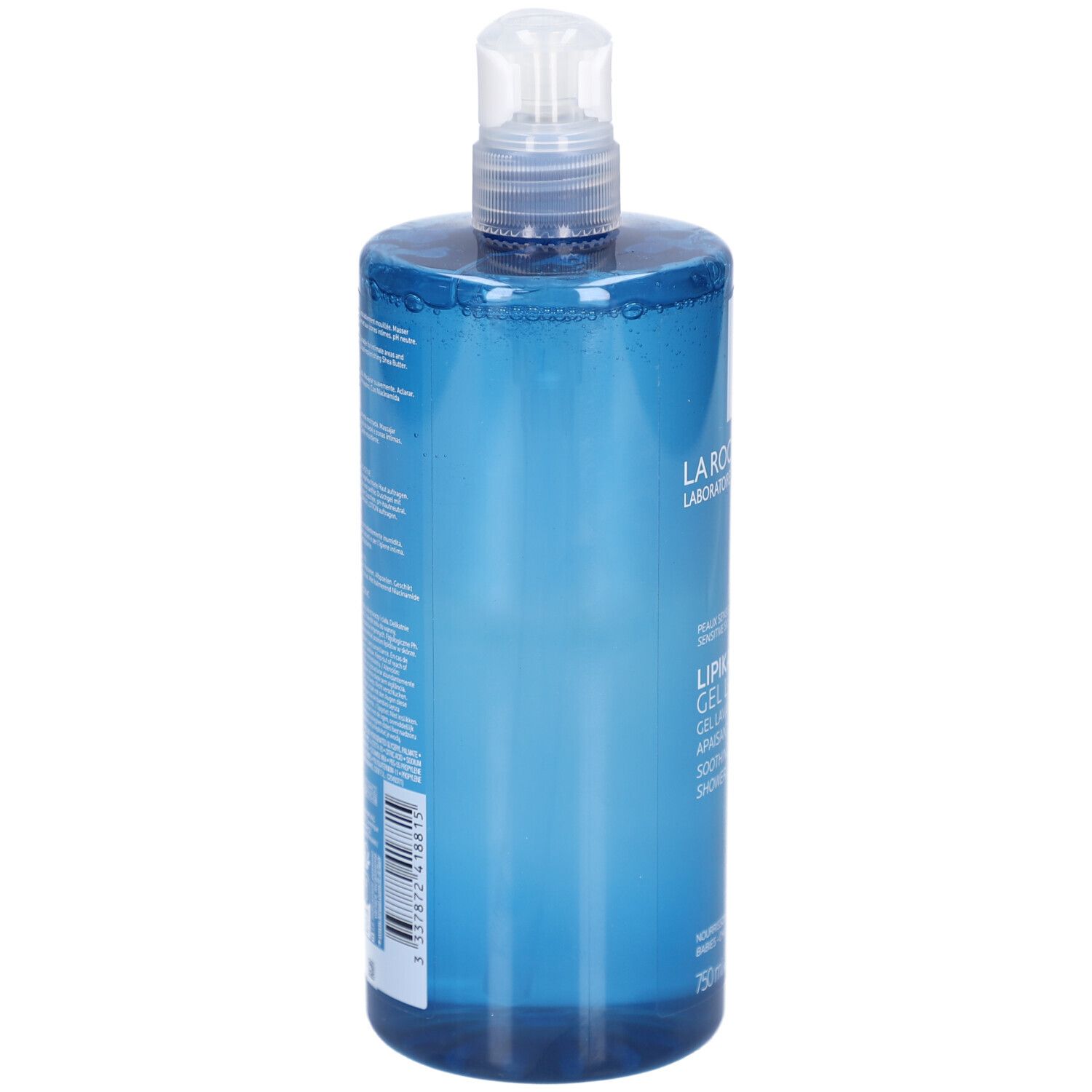 Retro del flacone blu La Roche-Posay Lipikar Gel Lavant. Testo.