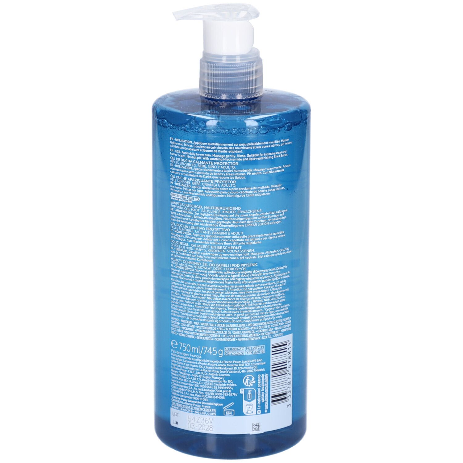 Retro del flacone blu La Roche-Posay Lipikar Gel Lavant. Testo.