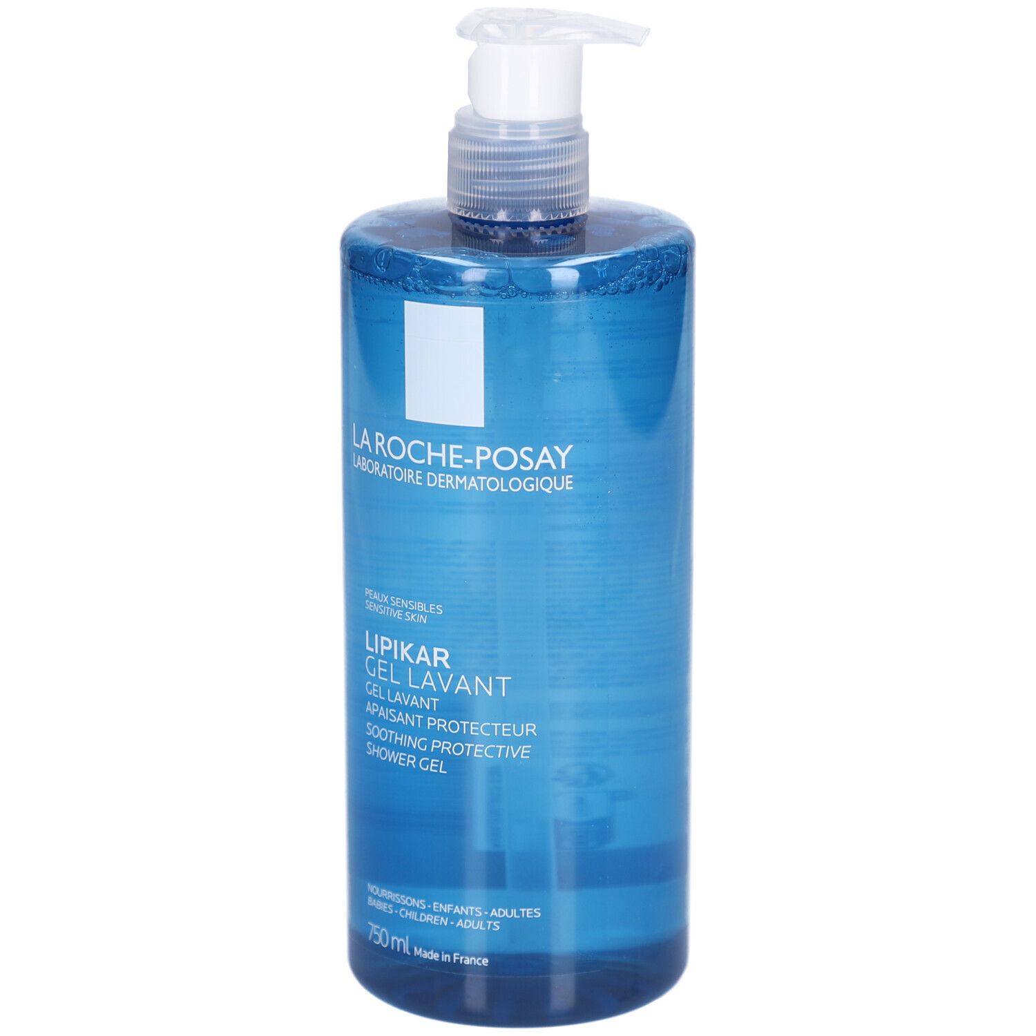 Flacone blu La Roche-Posay Lipikar Gel Lavant con dosatore. 750 ml.