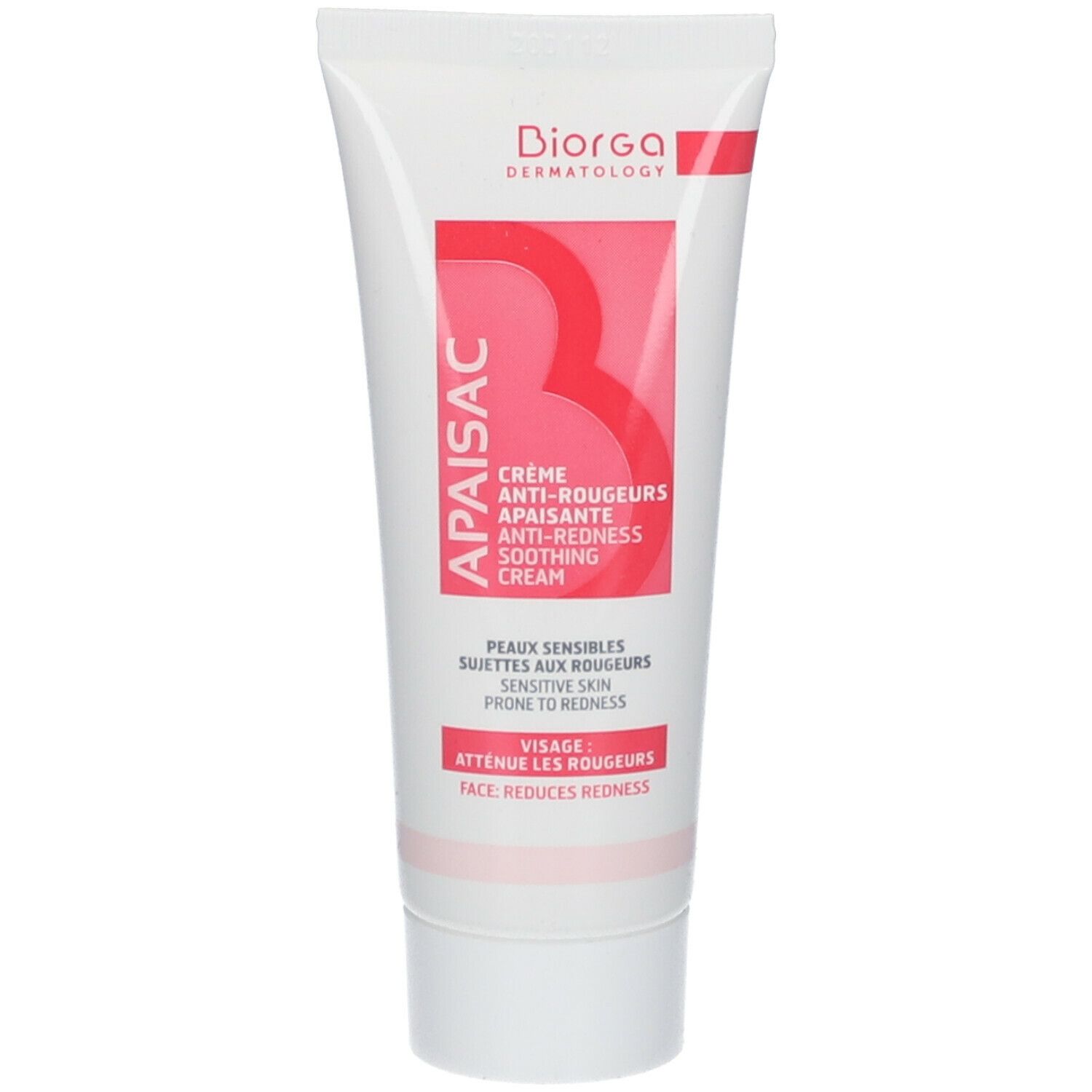 Tubo bianco, testo rosso. Nome prodotto: Apaisac Crème Anti-Rougeurs. Marchio: Biorga. Testo: Anti-arrossamento, lenitiva, pelle sensibile.