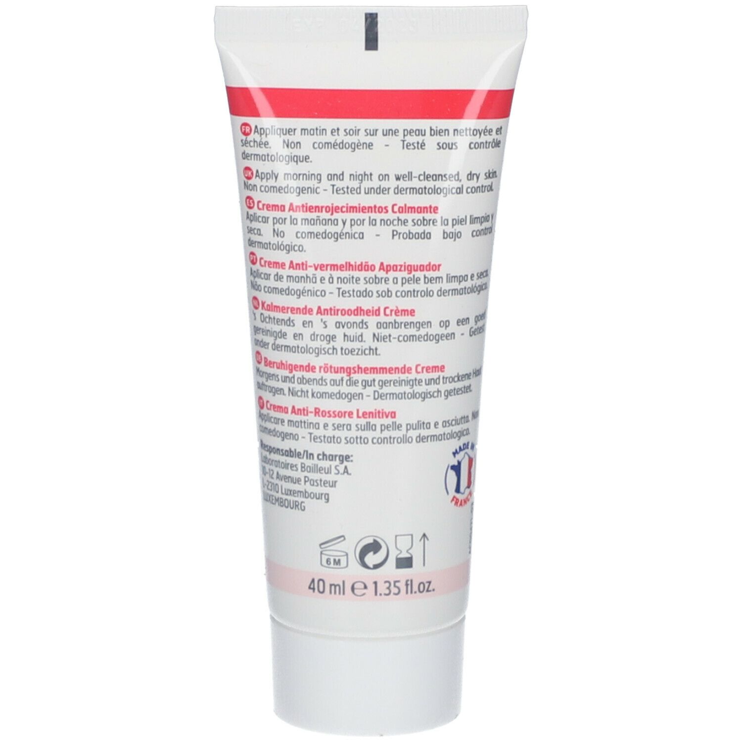 Retro del tubo di crema. Testo multilingue. Informazioni sull'uso e sugli ingredienti. Volume: 40 ml.