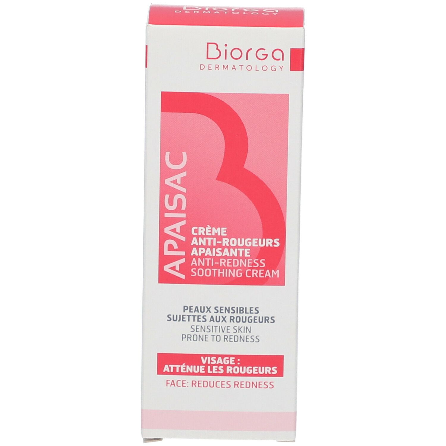 Scatola di cartone, bianco con testo rosso. Nome prodotto: Apaisac Crème Anti-Rougeurs. Marchio: Biorga. Testo: Anti-arrossamento, lenitiva.