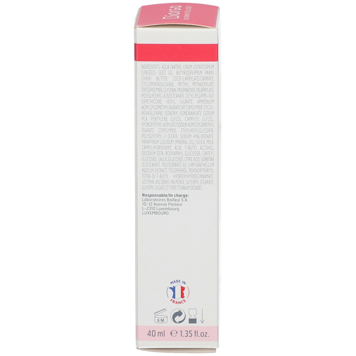 Vista laterale della scatola di cartone. Testo con ingredienti e informazioni sul produttore. Volume: 40 ml.