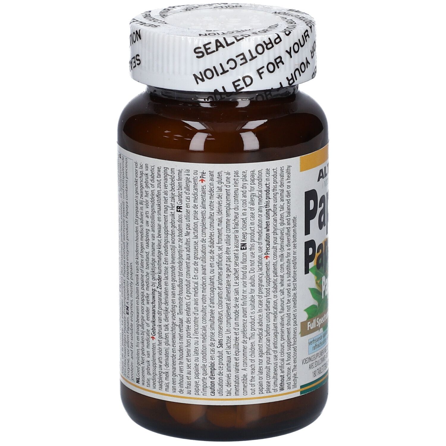 Flacone di compresse marrone con coperchio bianco. Testo sul flacone. Sigillo: SEALED FOR YOUR PROTECTION.