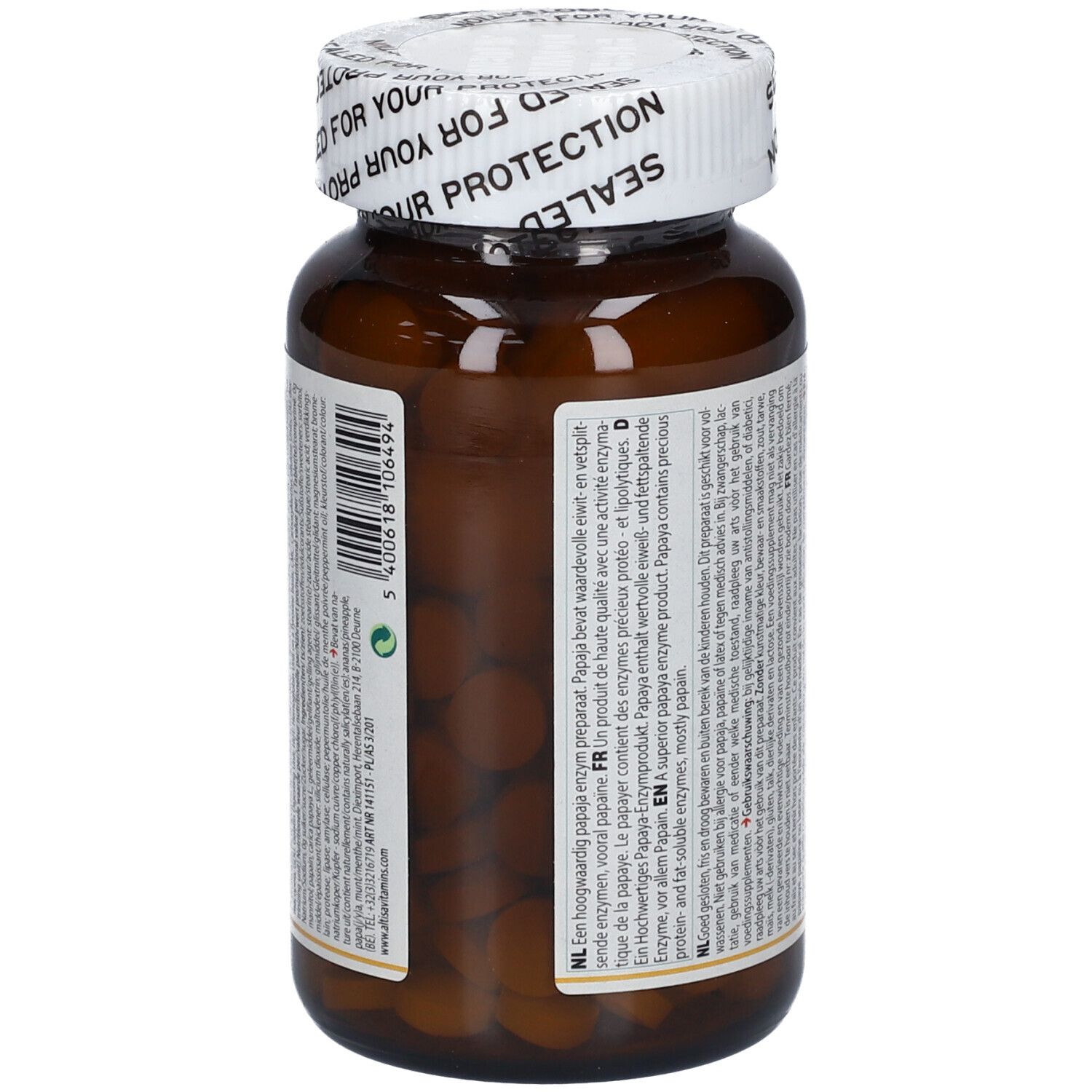 Flacone di compresse marrone con coperchio bianco. Testo sul flacone. Sigillo: SEALED FOR YOUR PROTECTION.