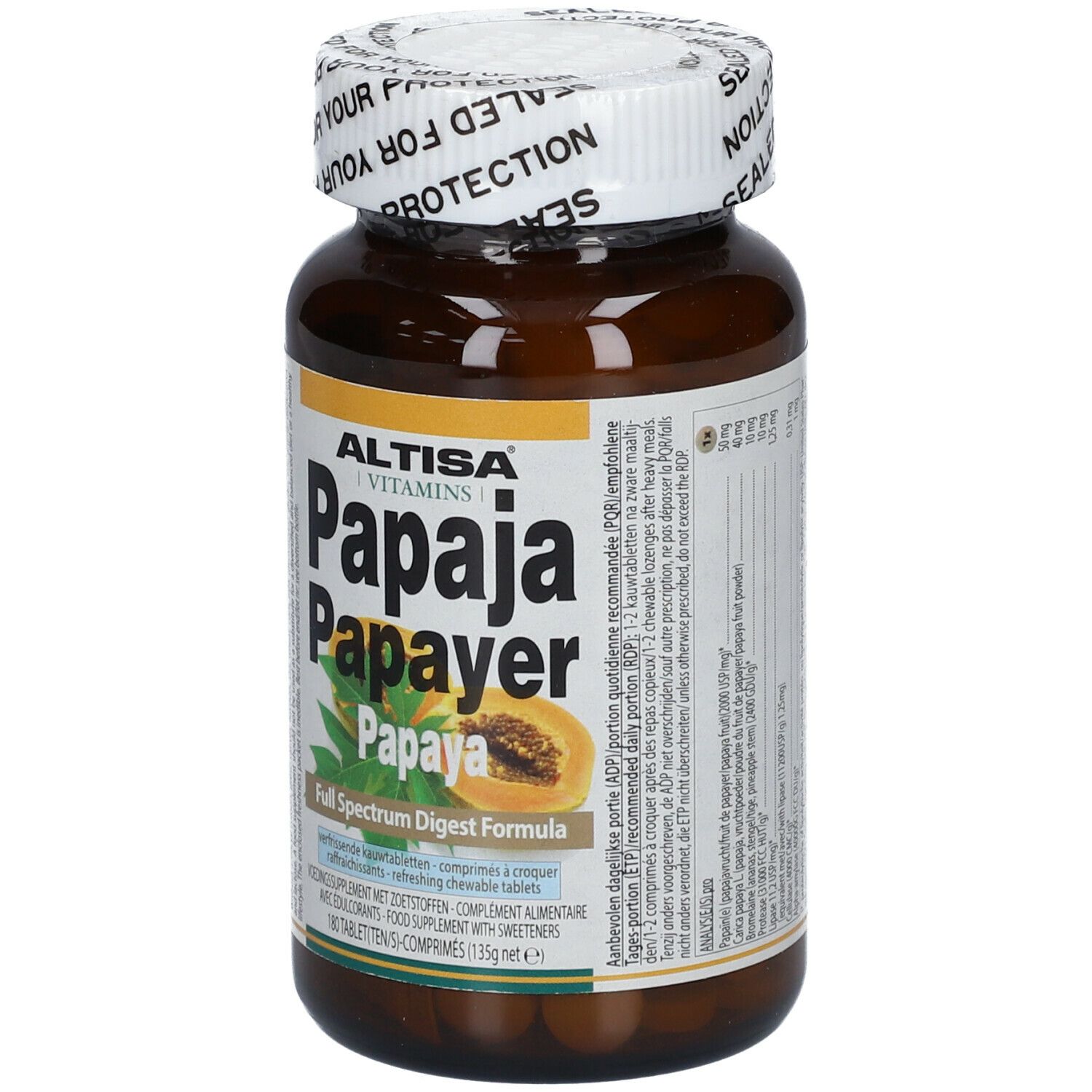 Flacone di compresse marrone con coperchio bianco. Scritta: ALTISA Papaya. Sigillo: SEALED FOR YOUR PROTECTION.