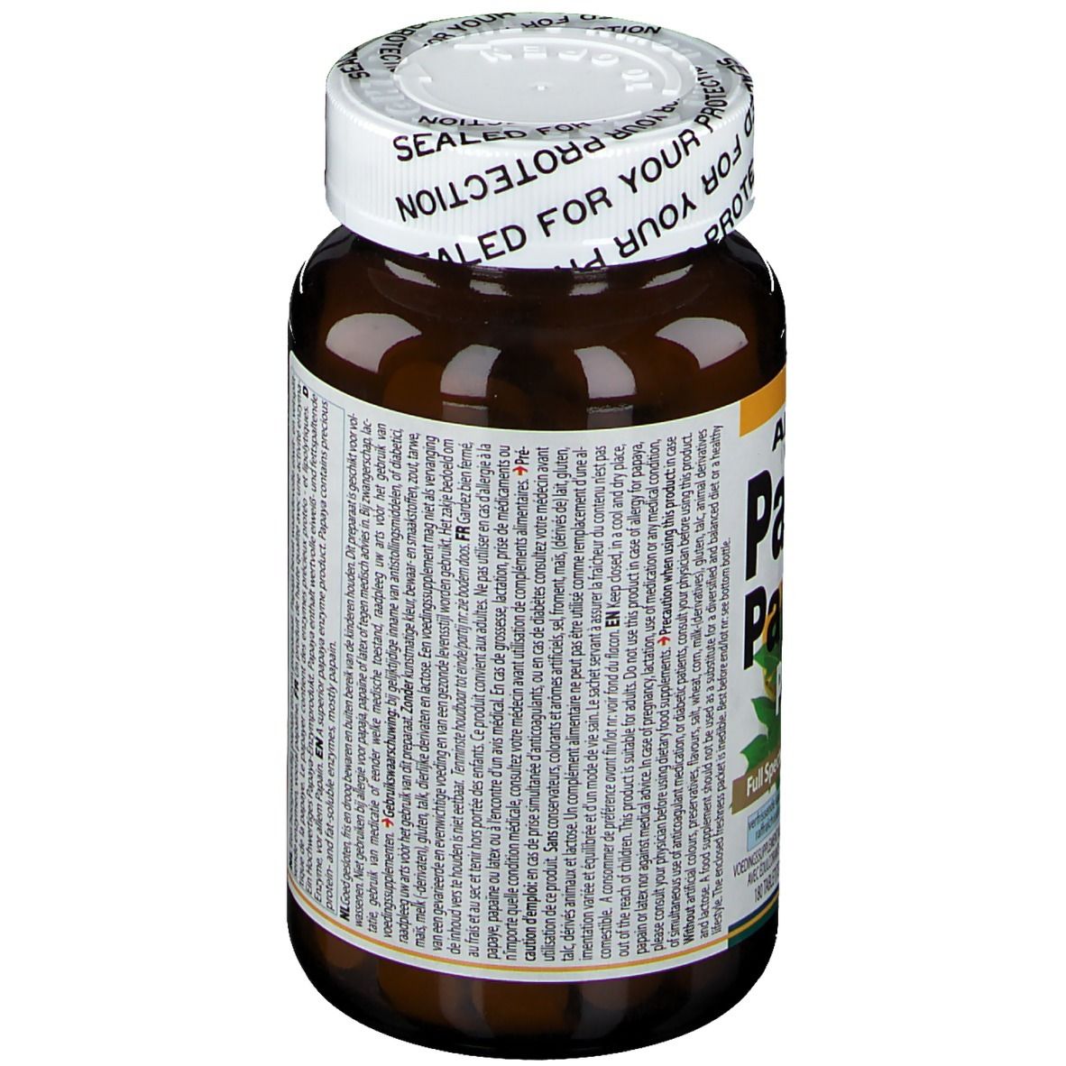 Flacone di compresse marrone con coperchio bianco. Testo sul flacone. Sigillo: SEALED FOR YOUR PROTECTION.