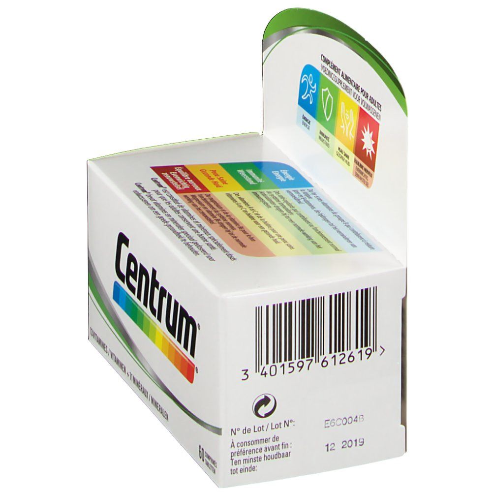 Confezione Centrum, retro con codice a barre e data di scadenza. Logo e strisce colorate visibili.