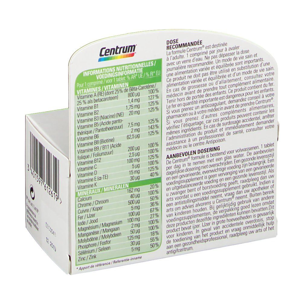 Confezione Centrum, dettaglio ingredienti e dosaggio. Testo multilingue.