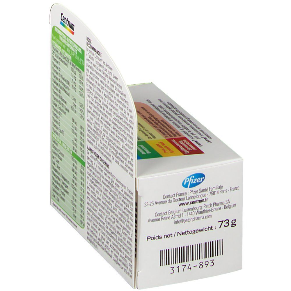 Confezione Centrum, vista laterale con testo e logo. Peso 73g. Logo Pfizer.