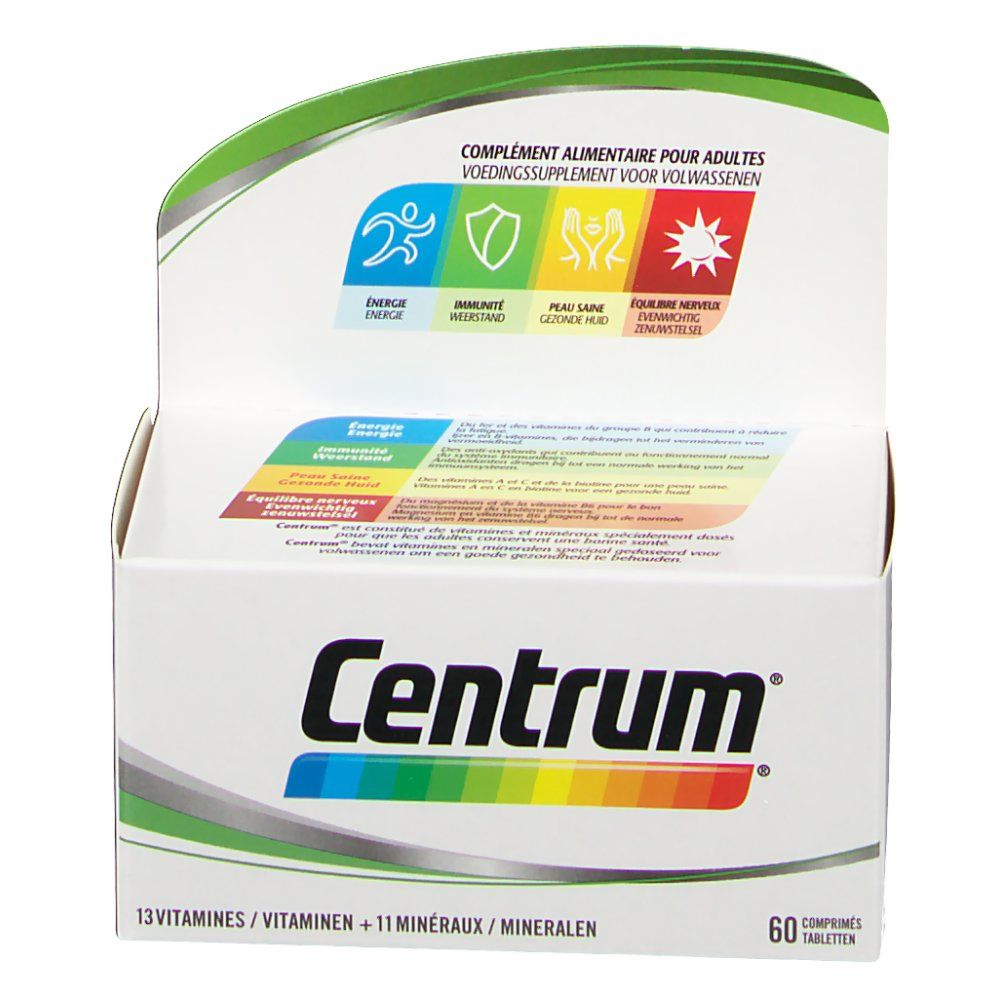 Confezione Centrum con 60 compresse. Logo e strisce colorate. Scritta: 13 vitamine, 11 minerali.