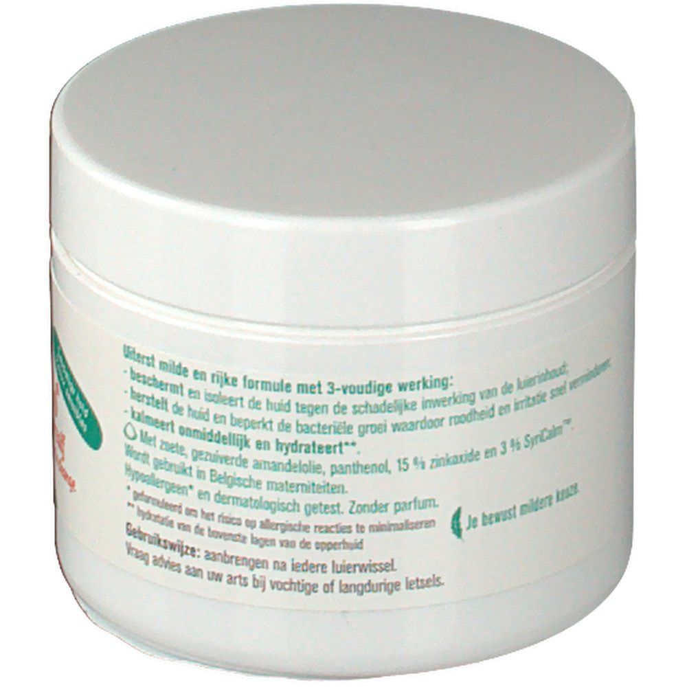 Vaso rotondo bianco con coperchio. Testo sull'etichetta riguardante gli ingredienti e gli effetti del prodotto.