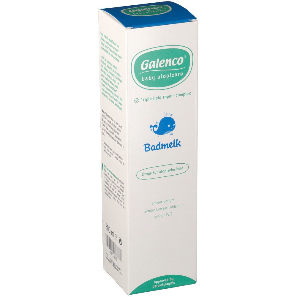 Confezione in cartone Galenco Bébé Atopicare. Scatola bianca e blu con logo e nome del prodotto. Contiene Badmelk.