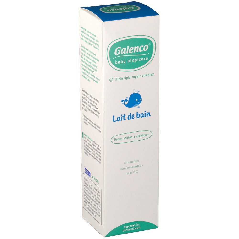 Confezione in cartone Galenco Bébé Atopicare. Scatola bianca e blu con logo e nome del prodotto. Contiene Lait de bain.
