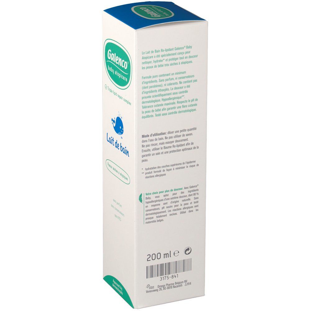 Retro della confezione in cartone Galenco Bébé Atopicare. Testo multilingue, ingredienti e logo. 200 ml.