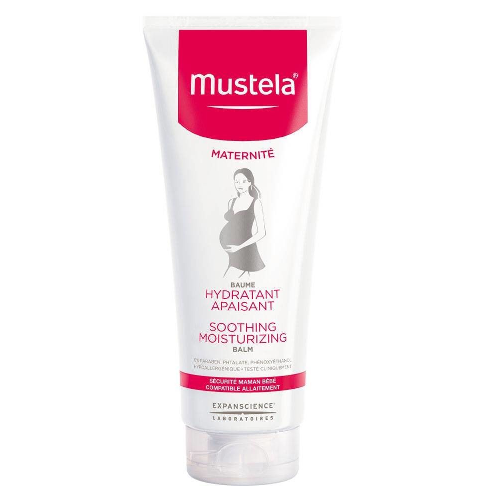 Tubo bianco e rosso con nome del prodotto e grafica di gravidanza. Testo: Baume Hydratant Apaisant, Soothing Moisturizing Balm.