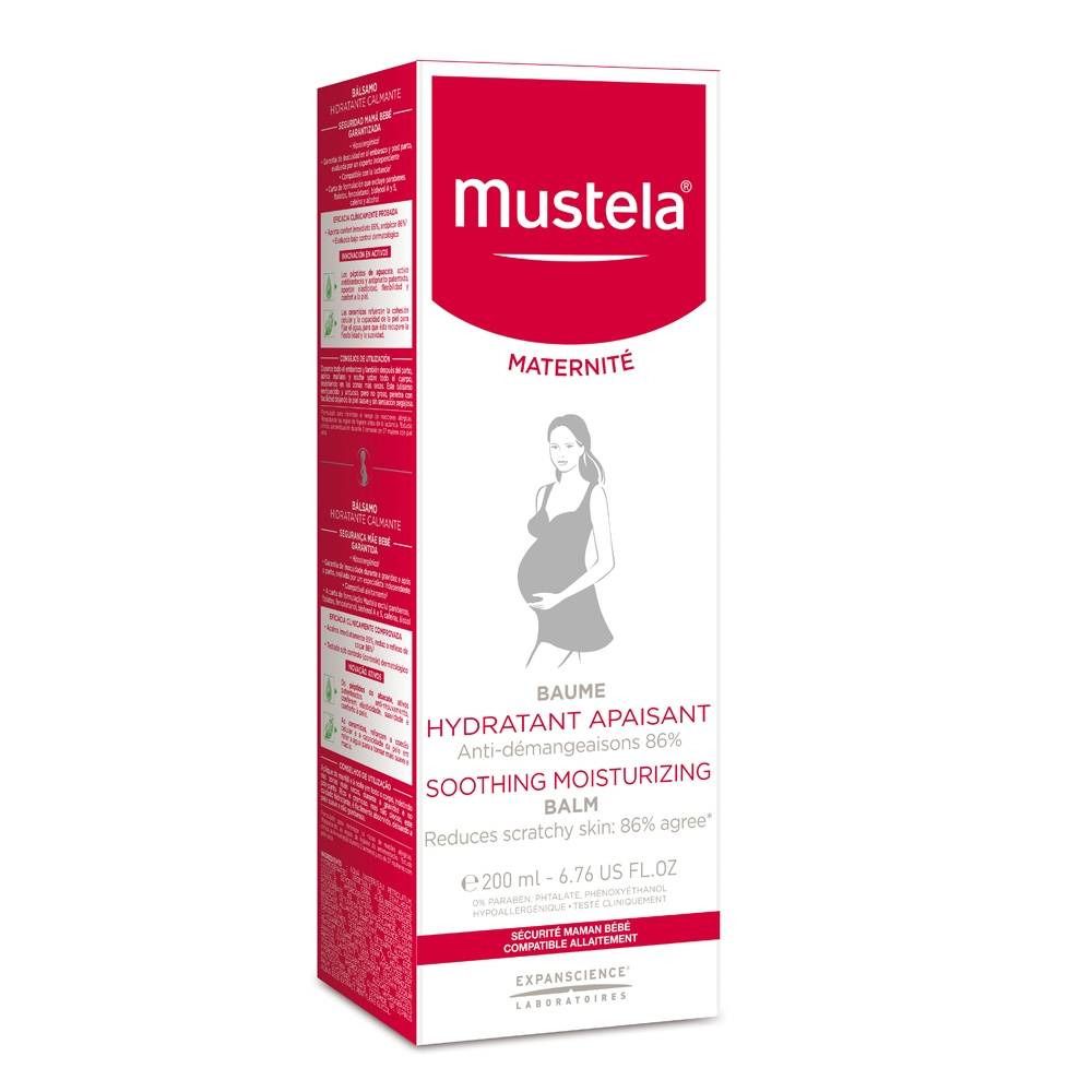 Confezione bianca e rossa con nome del prodotto e grafica di gravidanza. Testo: Baume Hydratant Apaisant, Soothing Moisturizing Balm.