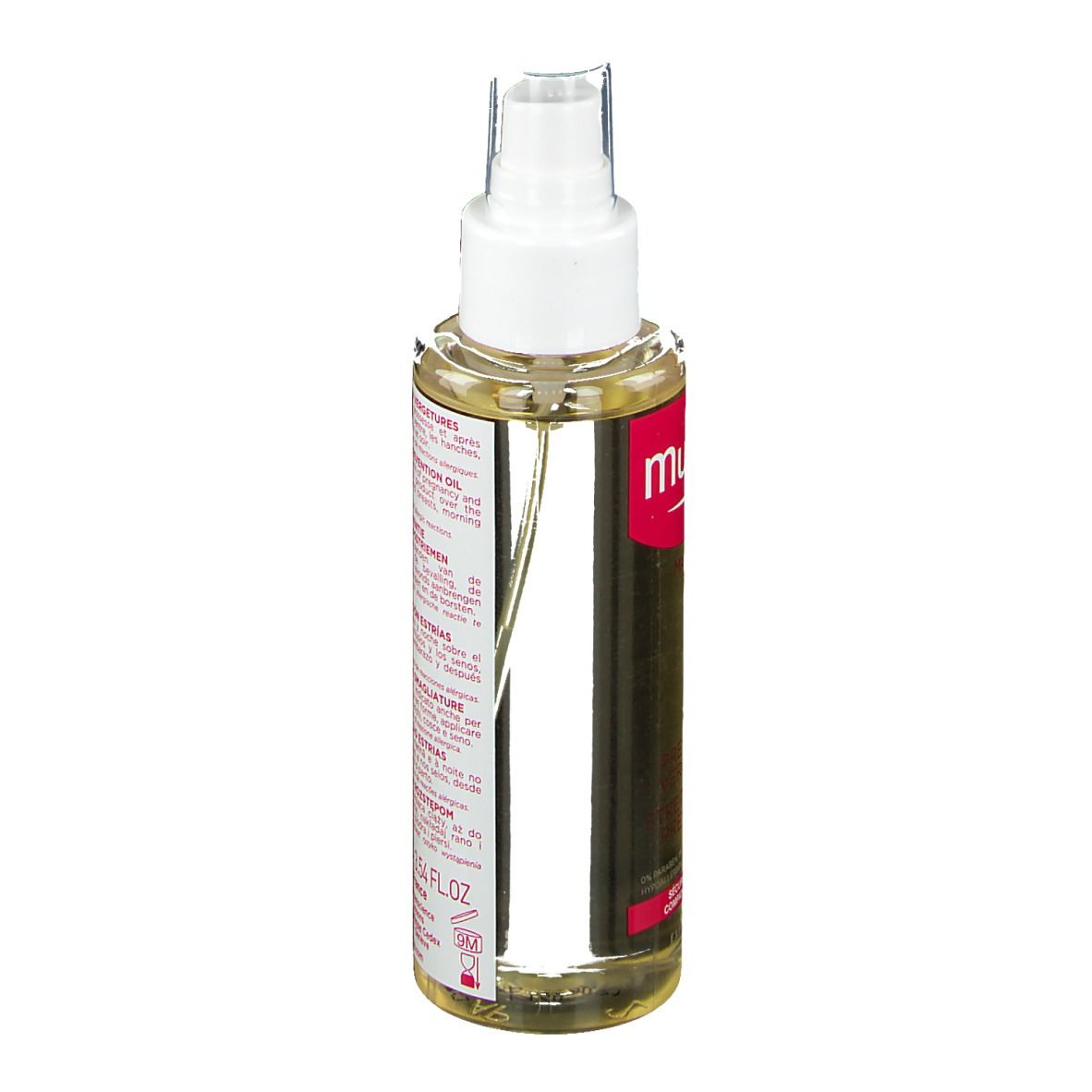 Flacone d'olio con vaporizzatore. Etichetta con informazioni sul prodotto. Contenuto trasparente, dettagli rosa.