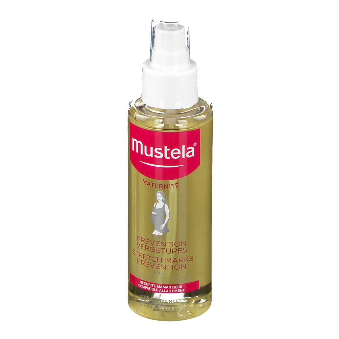 Flacone d'olio con vaporizzatore. Etichetta rossa con logo e nome del prodotto. Donna incinta illustrata.