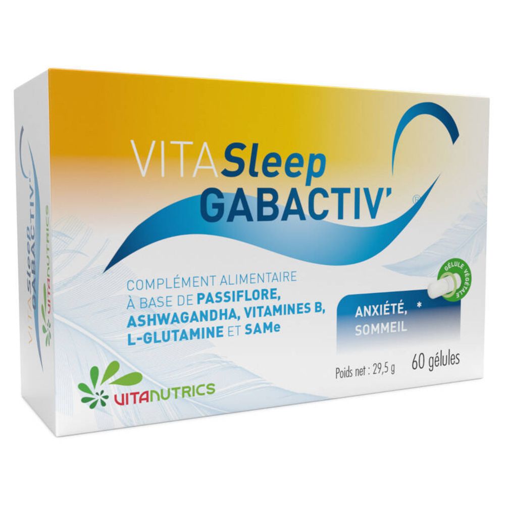 Scatola Vitasleep Gabactiv. Contiene 60 capsule. Ingredienti: Passiflora, Ashwagandha, Vitamine B, L-Glutammina e SAMe.