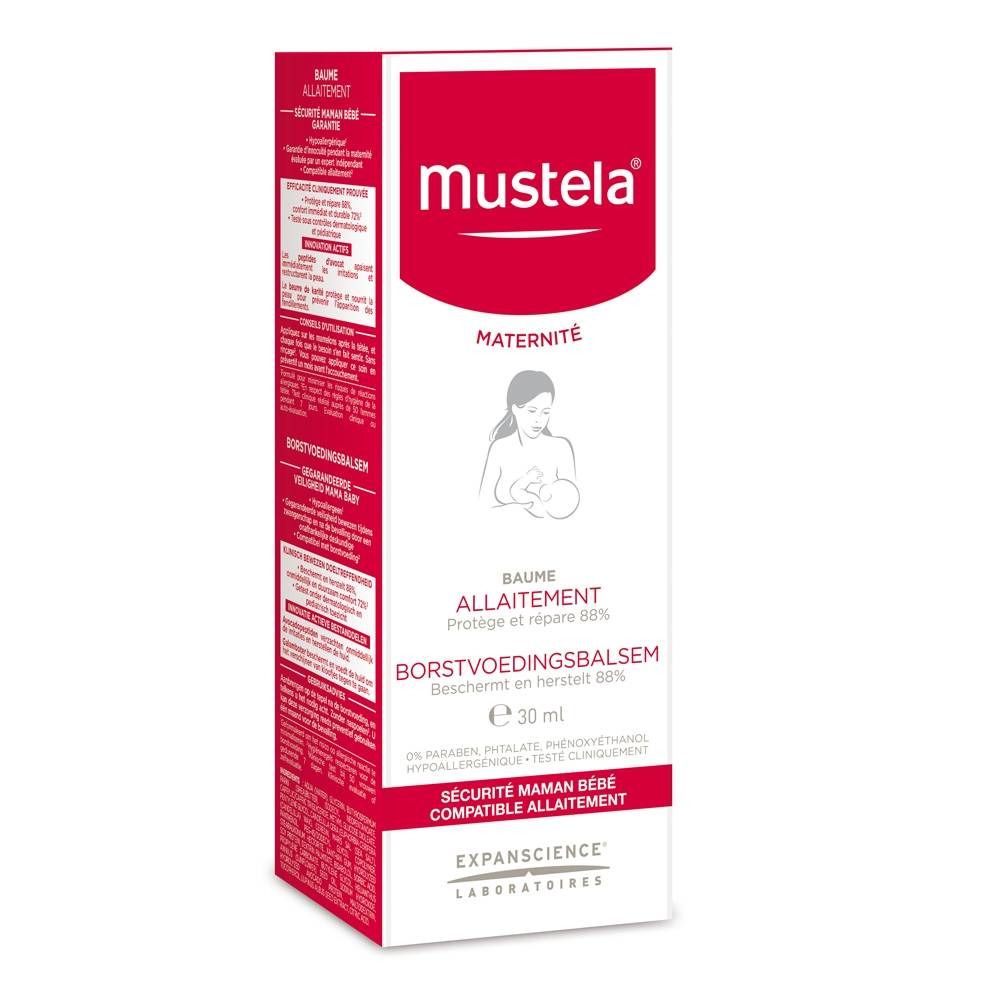 Confezione rossa e bianca. Logo Mustela. Testo 'Maternité' e 'Baume Allaitement'. Illustrazione di allattamento. 30 ml.
