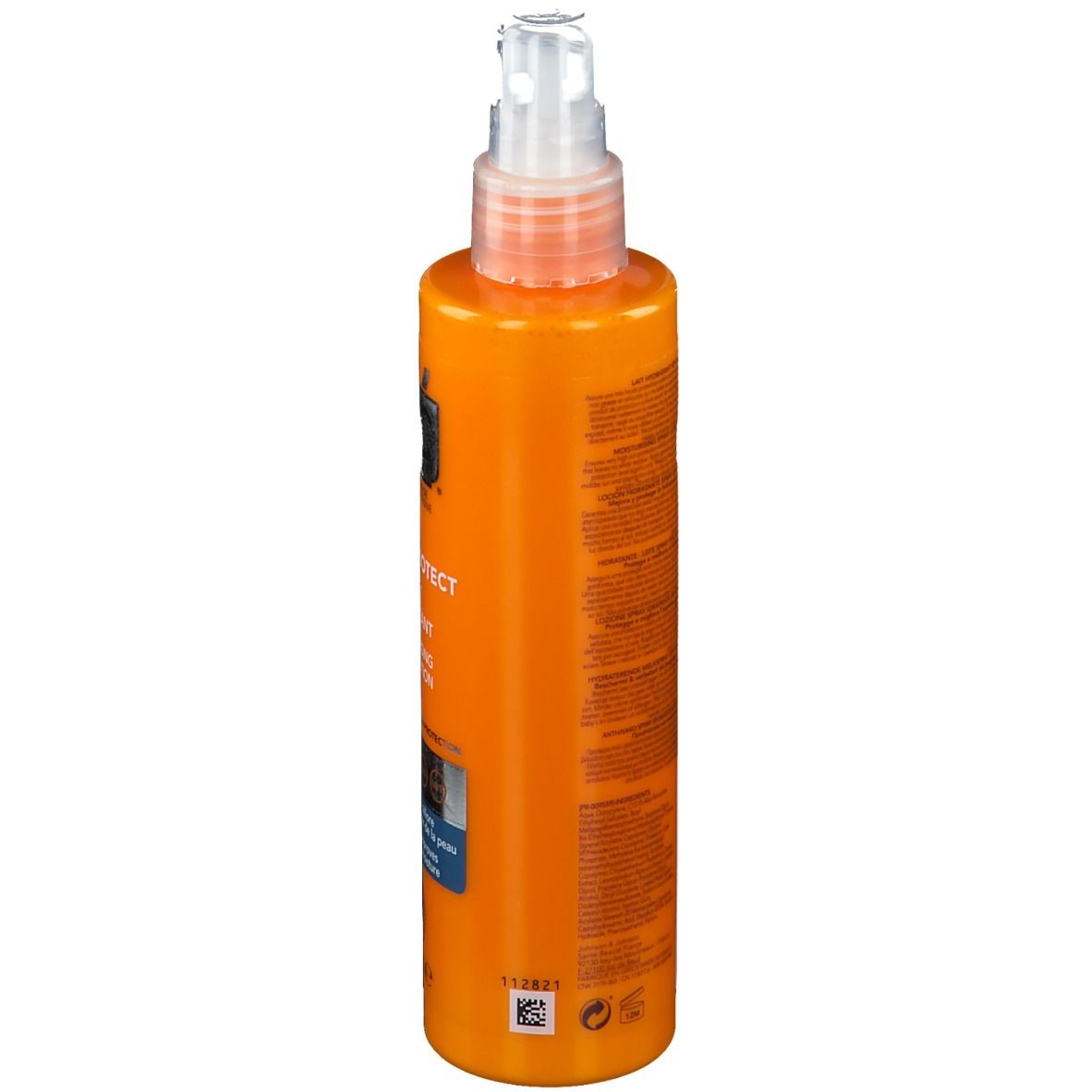 Flacone arancione con erogatore spray. Scritta: RoC Soleil-Protect. Testo sul lato.
