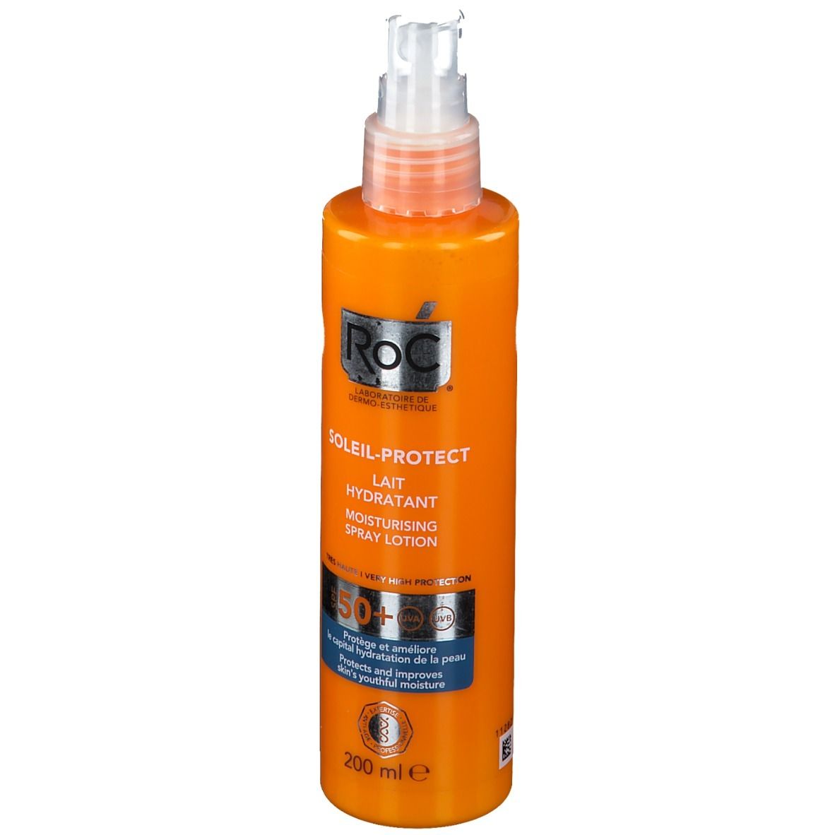 Flacone arancione con erogatore spray. Scritte: RoC Soleil-Protect Lait Hydratant, SPF 50+. 200 ml.