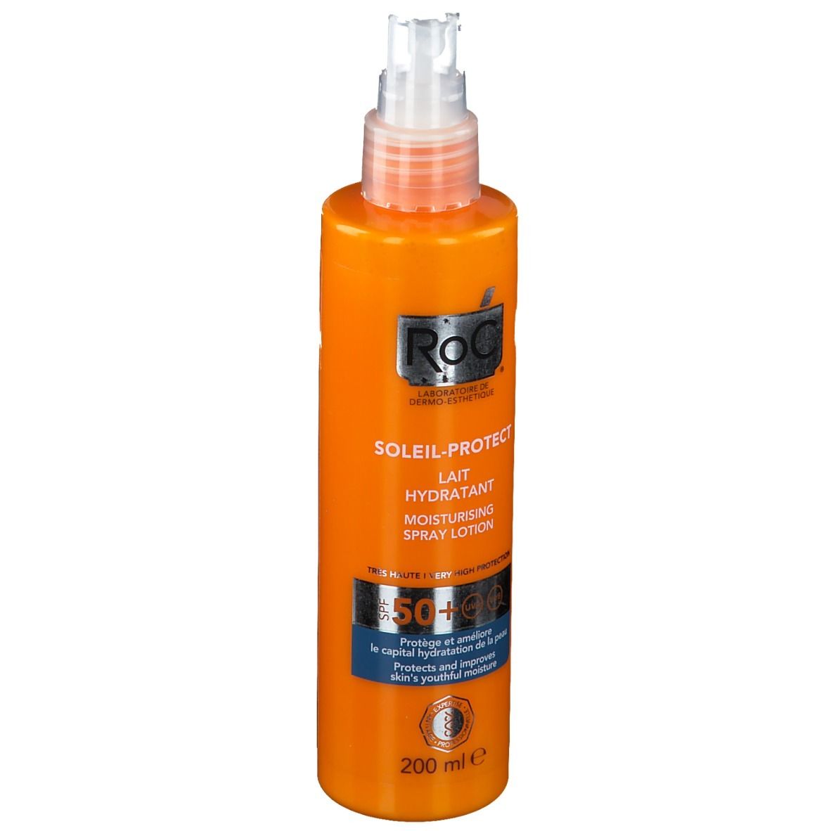 Flacone arancione con erogatore spray. Scritte: RoC Soleil-Protect Lait Hydratant, SPF 50+. 200 ml.