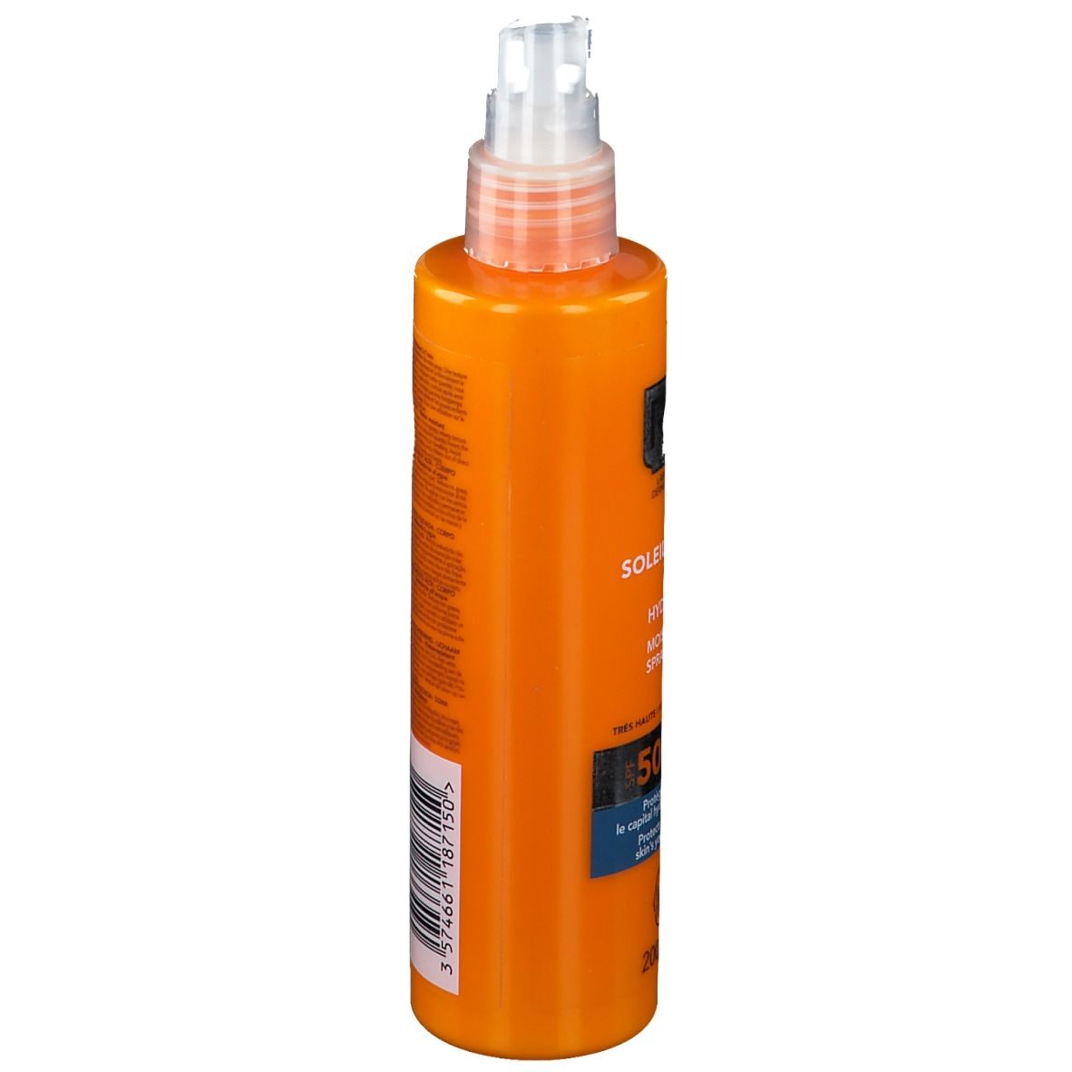 Flacone arancione con erogatore spray. Scritta: RoC Soleil-Protect, SPF 50+. Testo sul lato.