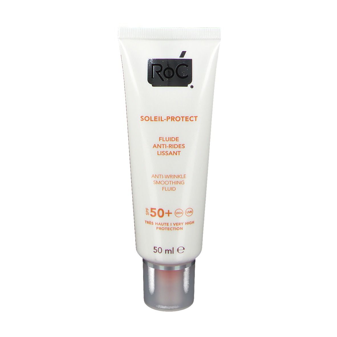 Tubo bianco RoC SOLAIL-PROTECT. Scritto: Fluido anti-rughe levigante. SPF 50+. 50 ml.