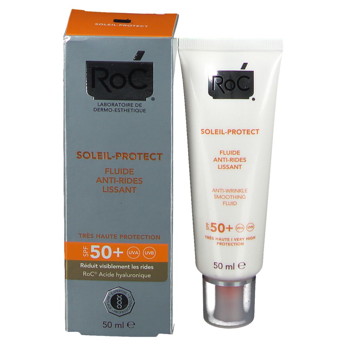 Confezione prodotto con tubo. RoC SOLAIL-PROTECT. SPF 50+. Riduzione rughe. 50 ml.
