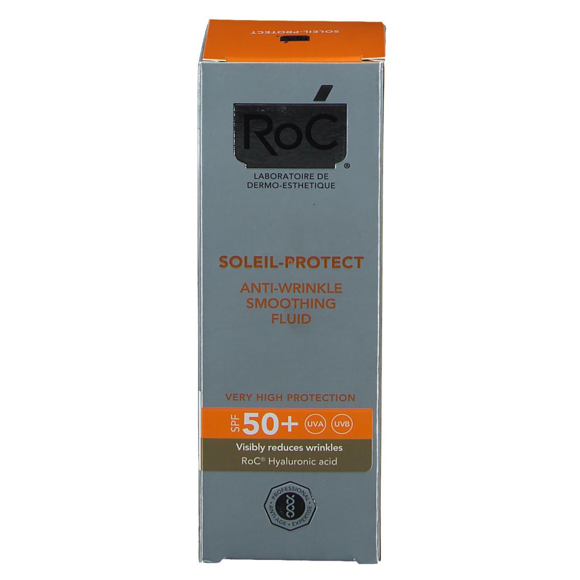 Confezione prodotto. RoC SOLAIL-PROTECT. SPF 50+. Riduce le rughe. Acido ialuronico.