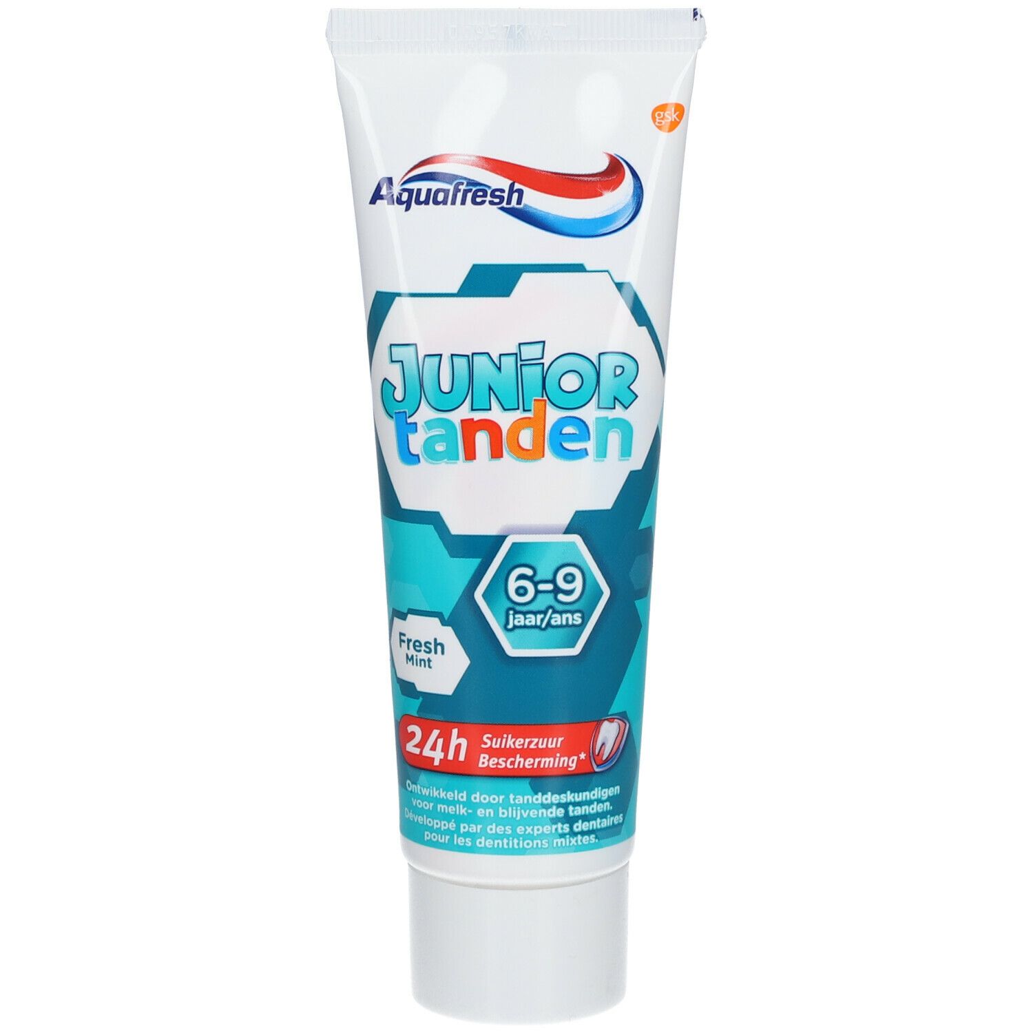 Tubo di dentifricio Aquafresh Junior Tanden. Scritta: 6-9 anni, Fresh Mint, 24h bescherming.