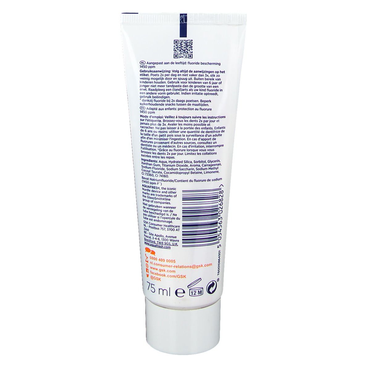Retro del tubetto di dentifricio. Testo multilingue. Ingredienti e istruzioni per l'uso.