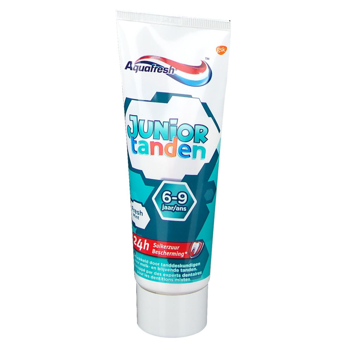 Tubo di dentifricio Aquafresh Junior Tanden. Scritta: 6-9 anni, Fresh Mint, 24h bescherming.