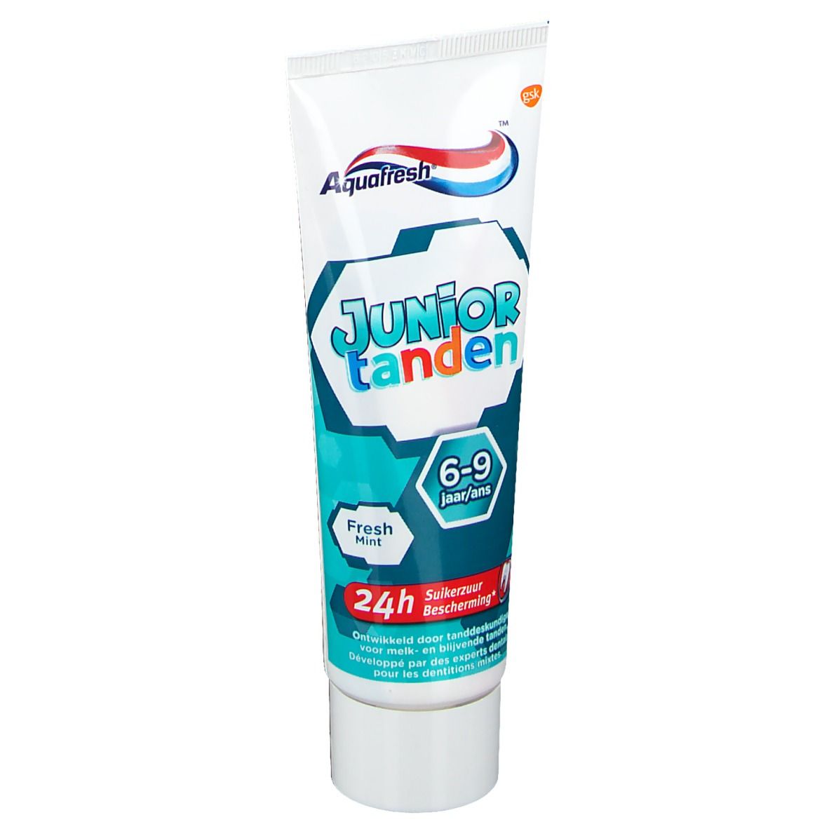 Tubo di dentifricio Aquafresh Junior Tanden. Scritta: 6-9 anni, Fresh Mint, 24h bescherming.