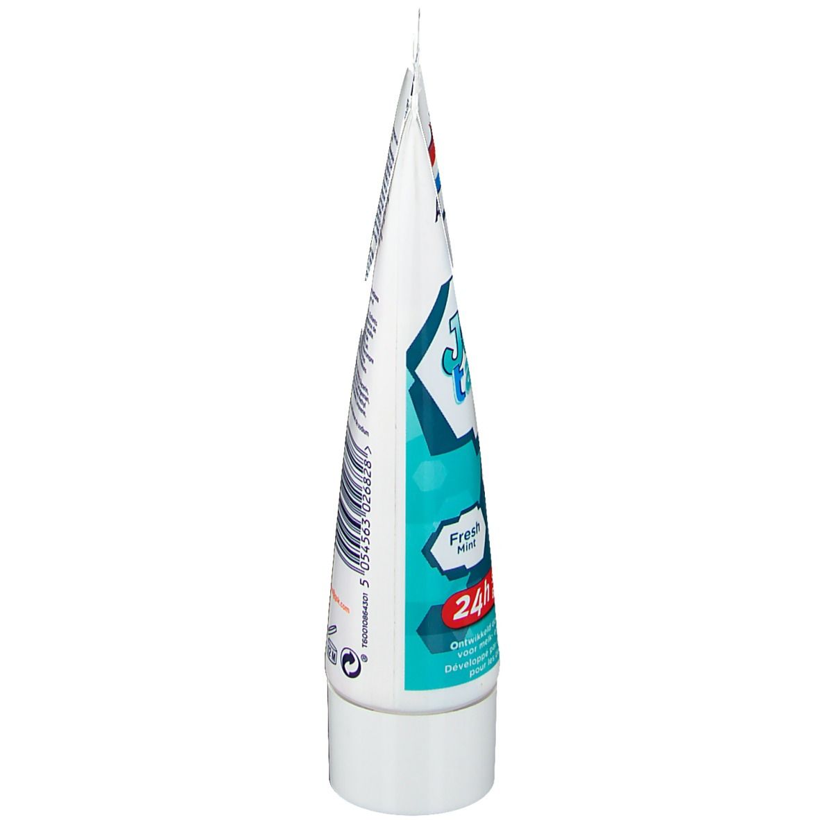 Tubetto di dentifricio, vista laterale. Scritta: Fresh Mint, 24h bescherming.