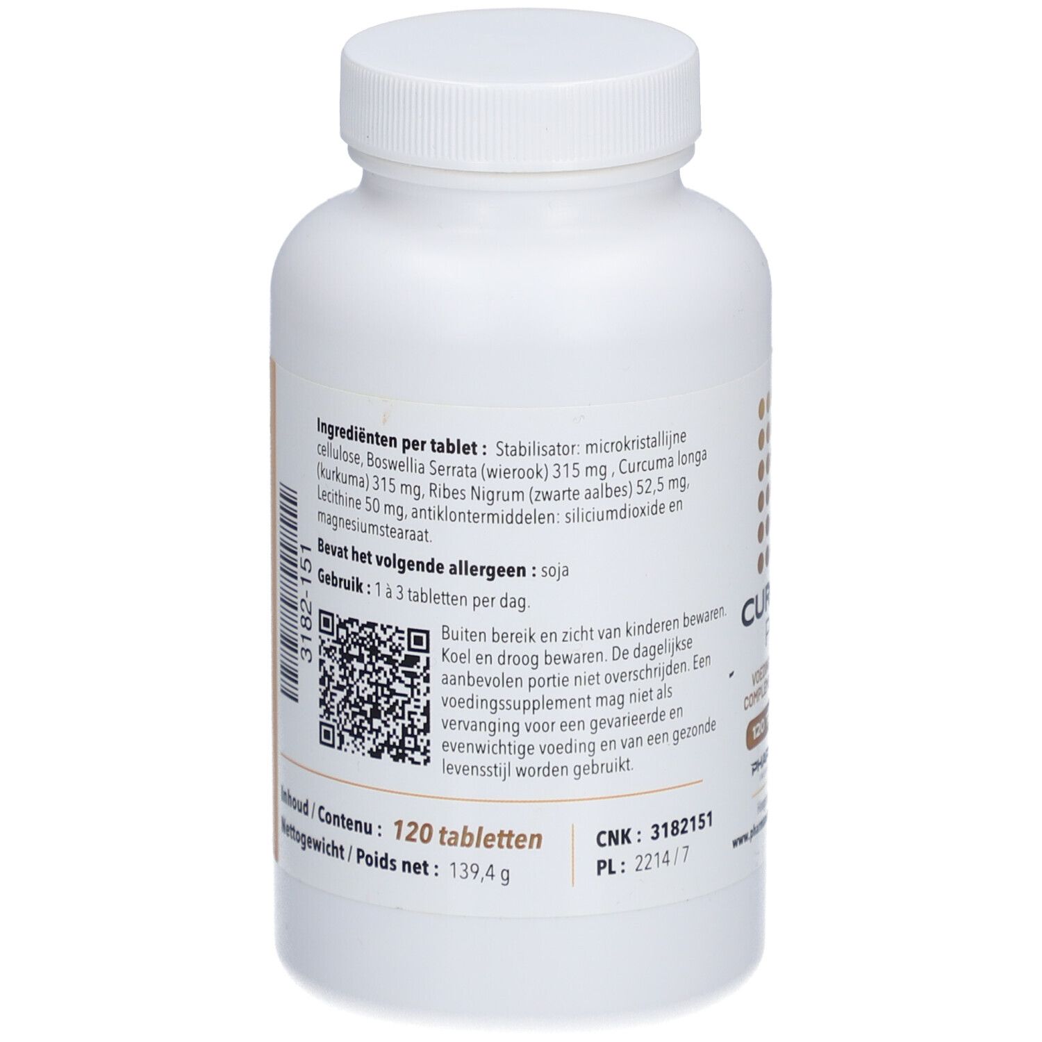 Retro di un flacone bianco con 120 compresse. Elenco ingredienti, codice QR e numero CNK. Marchio: Pharmanutrics.