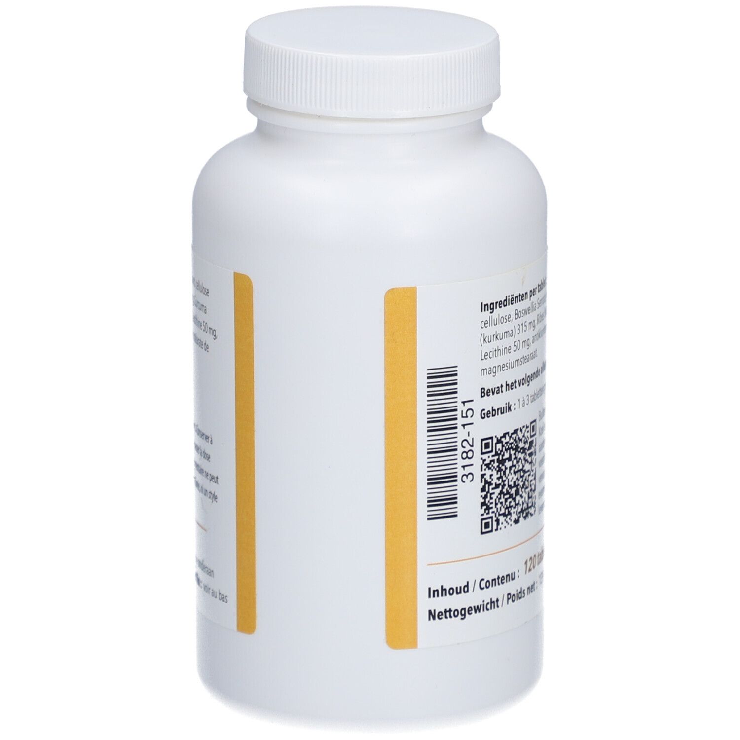 Retro di un flacone bianco con 120 compresse. Striscia gialla con testo e codice QR. Marchio: Pharmanutrics.