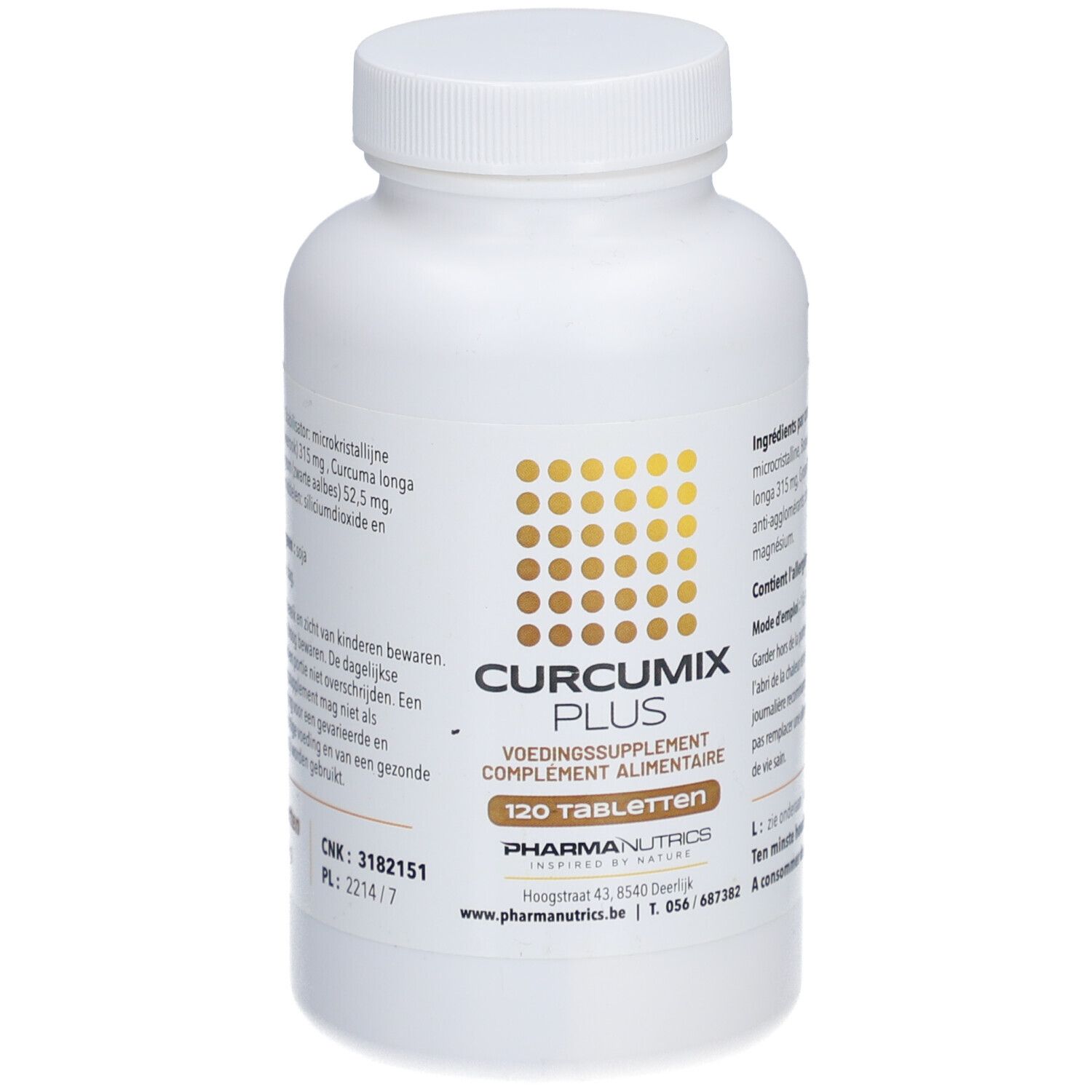 Flacone bianco con 120 compresse. Scritta: Curcumix Plus, integratore alimentare. Marchio: Pharmanutrics.