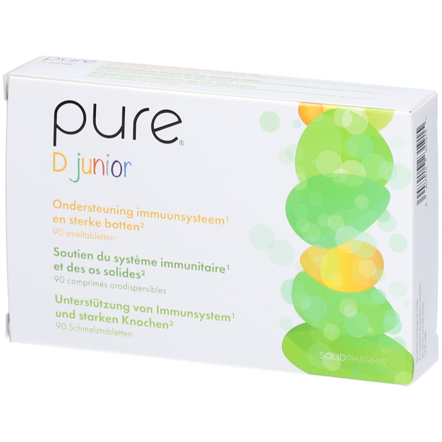 Scatola bianca con logo "pure D junior". Testo in tedesco, olandese e francese. Design verde e giallo.