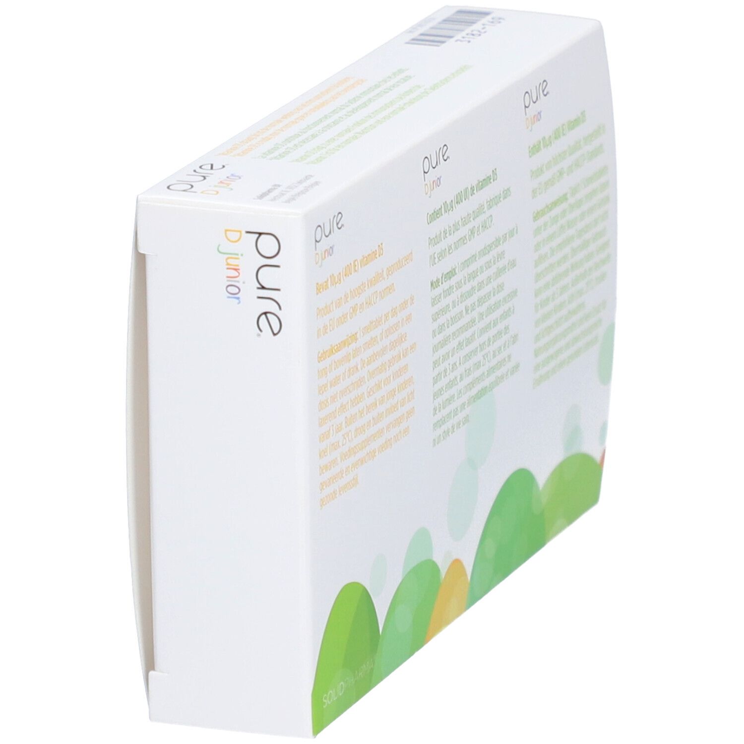 Vista laterale della scatola "pure D junior". Testo in tedesco, francese e olandese.